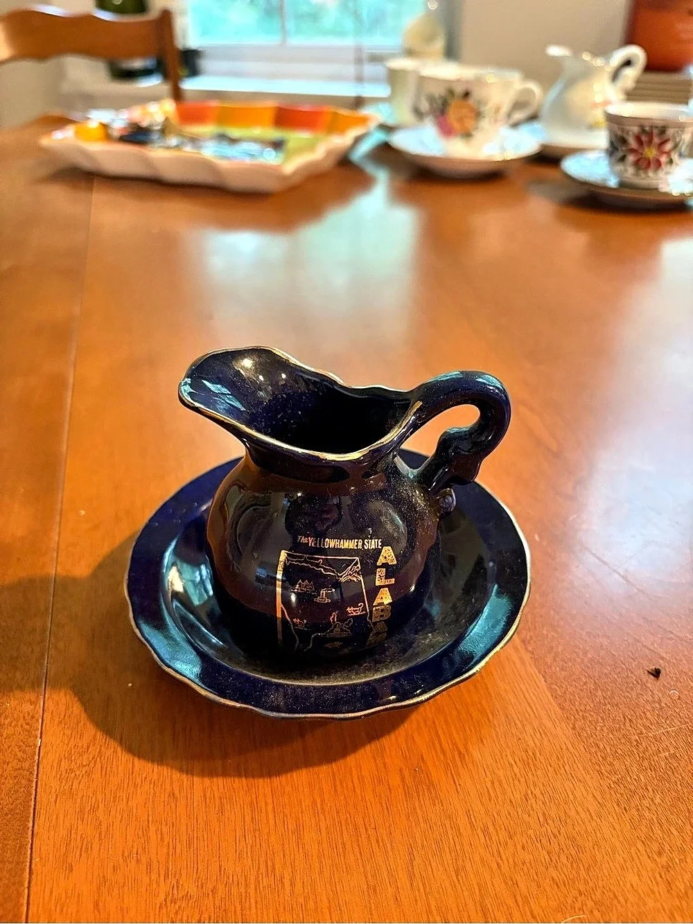 Blue Ceramic Creamer Pitcher & Saucer